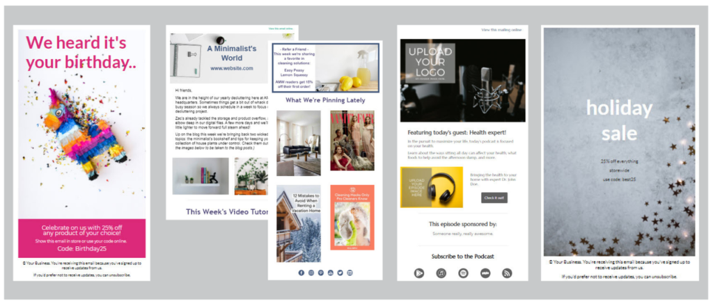 Collage showing four different email templates - a birthday discount, a weekly newsletter with multiple blocks, a new podcast episode announcement, and a holiday sale flyer. 