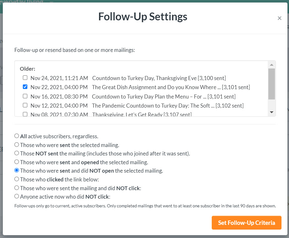 Screenshot of follow-up settings in the FeedBlitz application to resend an email to people who did not open the initial mailing.