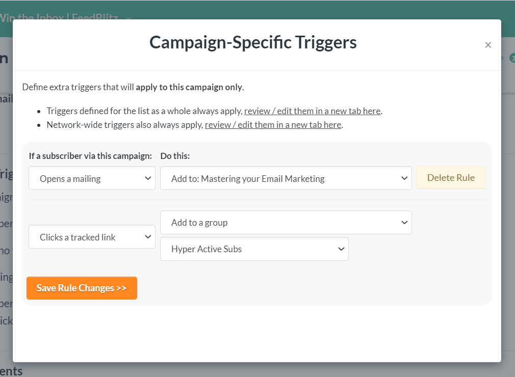 Una captura de pantalla de dos disparadores basados ​​en campañas diferentes configurados para una campaña.