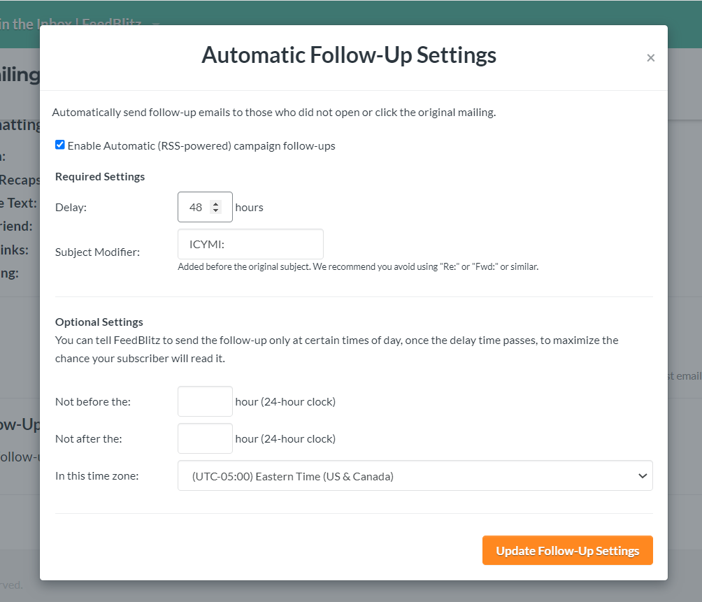Screenshot of settings you can choose for automated campaign follow-ups.
