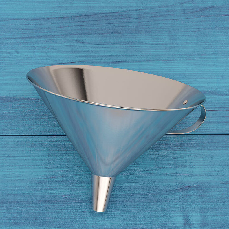 Image of a silver metal funnel on a painted blue wood background.